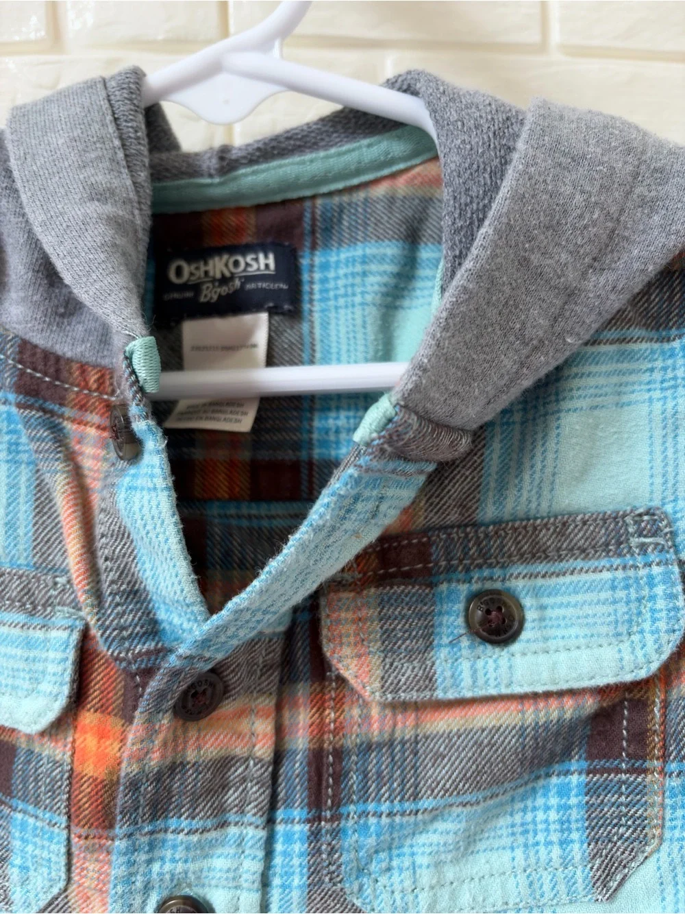 OshKosh B'gosh Blue & Orange Plaid Hooded Button-Down Shirt